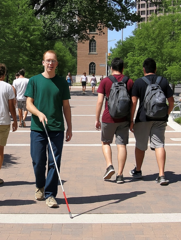 male student walking with a white cane around campus male student walking with a white cane around campus