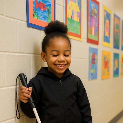 young-girl-posing-with-her-cane-in-a-school-hallway young-girl-posing-with-her-cane-in-a-school-hallway